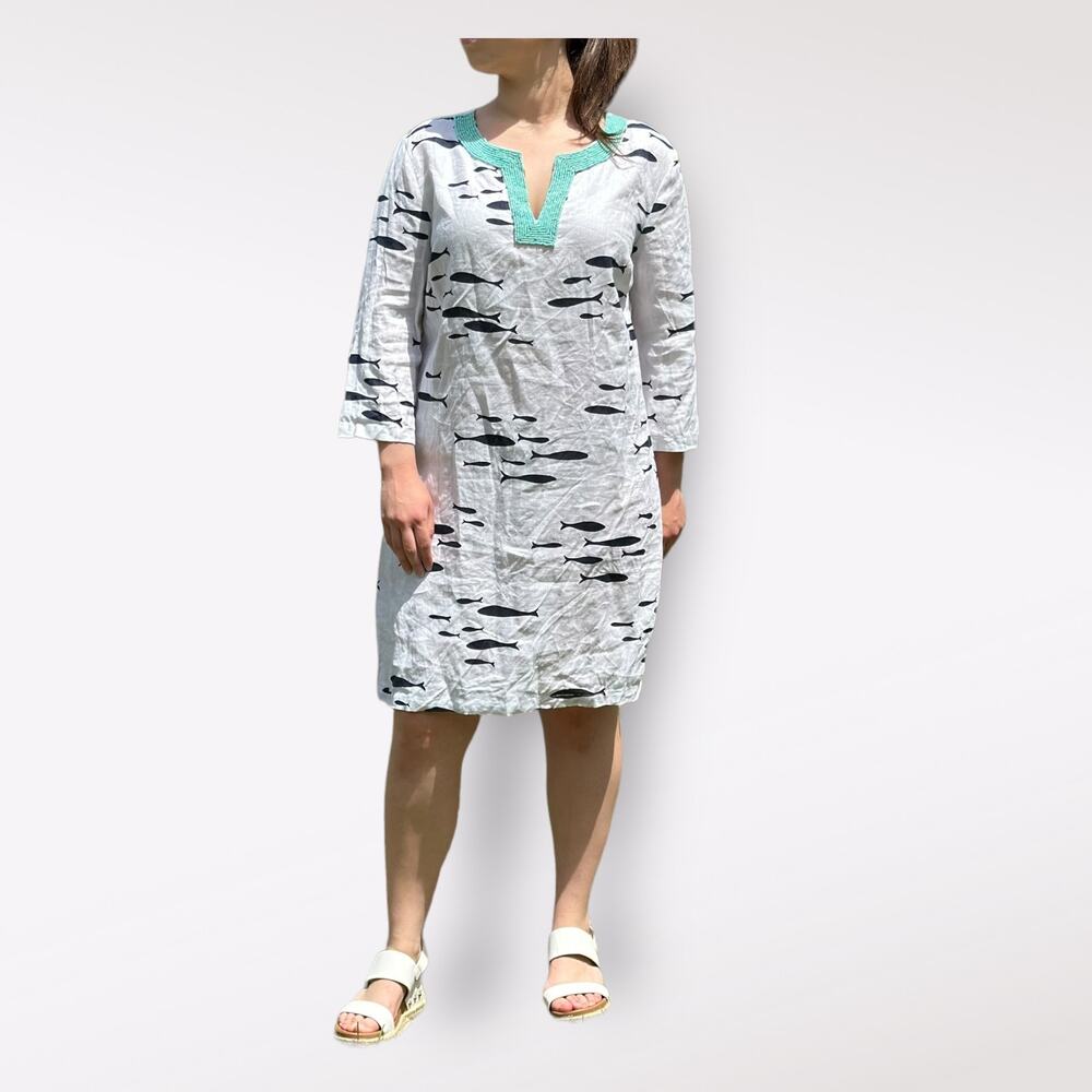 Talbots Linen beaded white and‎ blue fish print Mini dress Size S